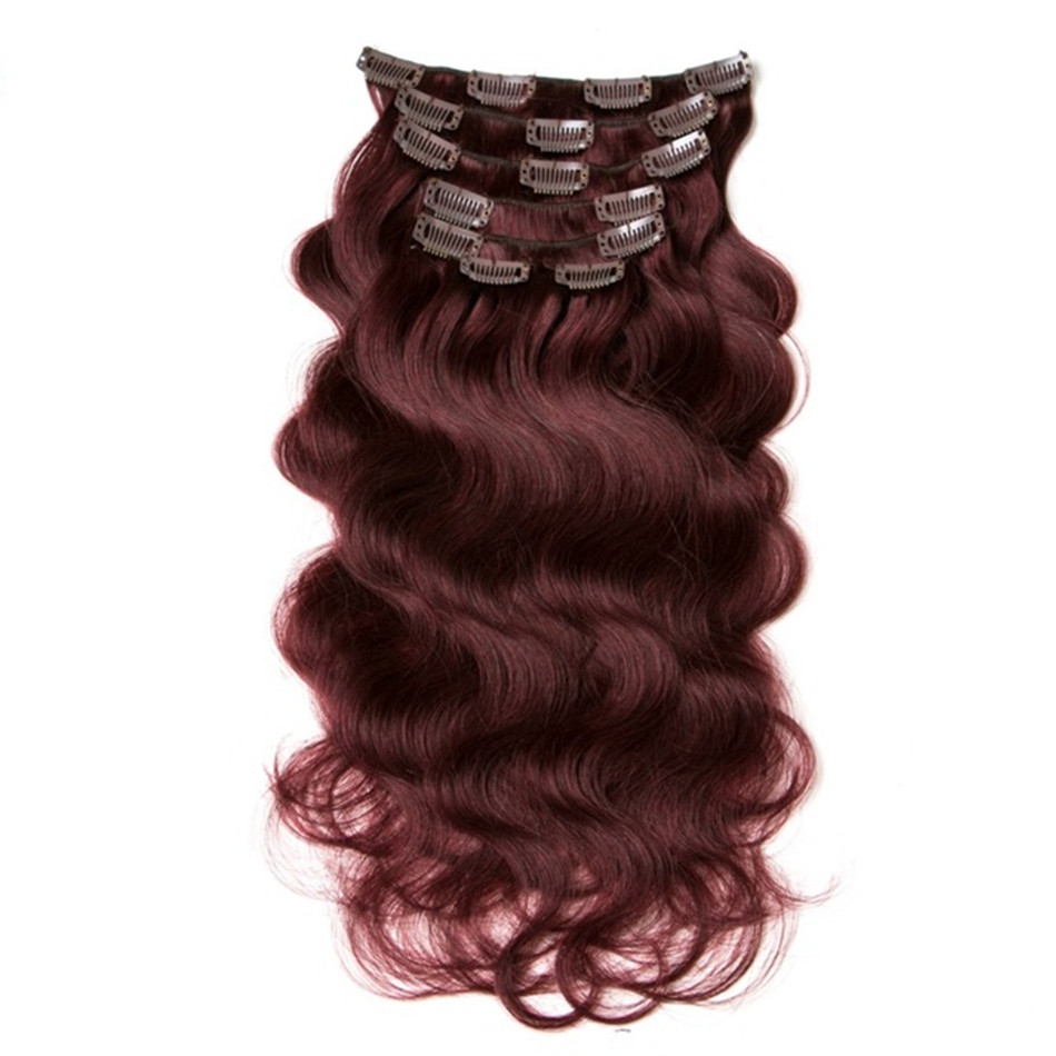 

ELIBESS HAIR-Brazilian Body Wave 7pcs/set 70g Clip In Hair Extensions 14"16''18"20"22"24" Non-Remy Hair 99j Burgundy Human Hair