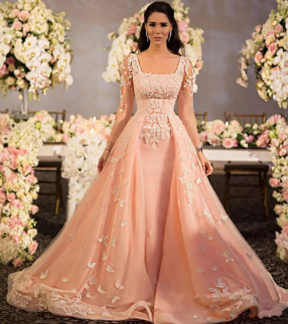 Square Pink Evening Dresses Long Sleeve Applique Beads Illusion Generous Prom Dress Vestidos De Fest Party Formal Pageant Celebrity Gowns