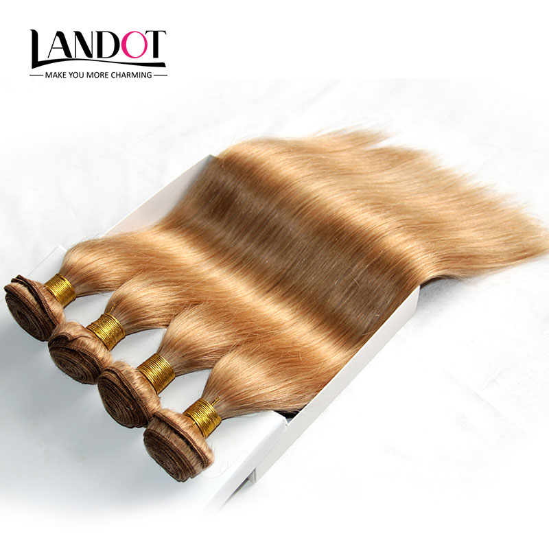 Honey Blonde Brazilian Human Hair Weave Bundles Color 27# Peruvian Malaysian Indian Eurasian Russian Silky Straight Remy Hair Extensions