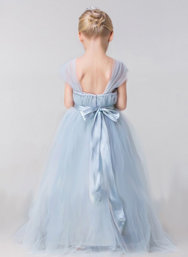 Light Blue Flower Girl Dresses With Hand Made Flower Cap Sleeve Floor Length Girls Pageant Dress Princess Cheap Gown