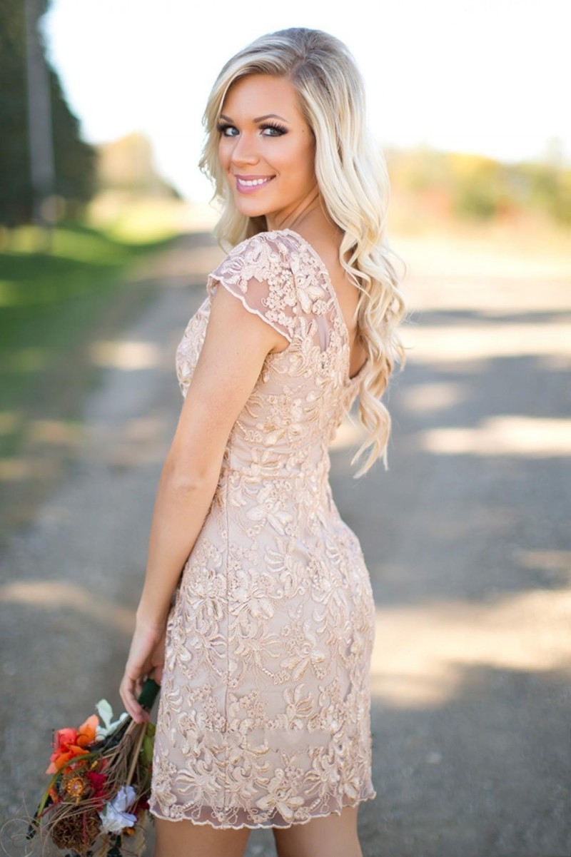 2019 New Country Bridesmaid Dresses V Neck Full Lace Short Sleeves Champagne Sheath Wedding Guest Wear Party Dresses Maid of Honor Gowns 097