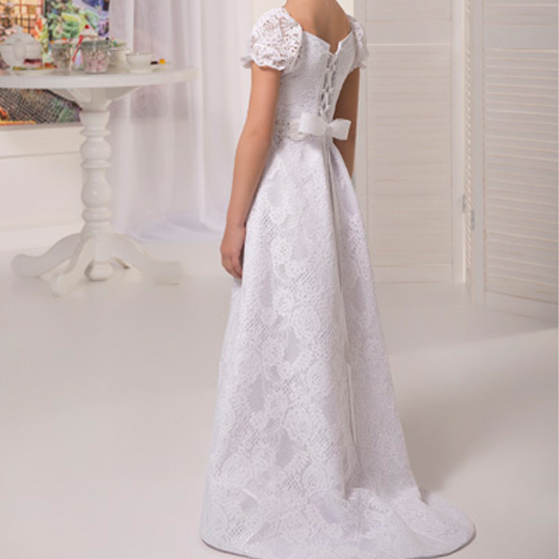 2020 White Rustic Lace vestidos de primera comunion leondo A Line Short Sleeve Floor Length Flower Girl Dress with Bow Sash
