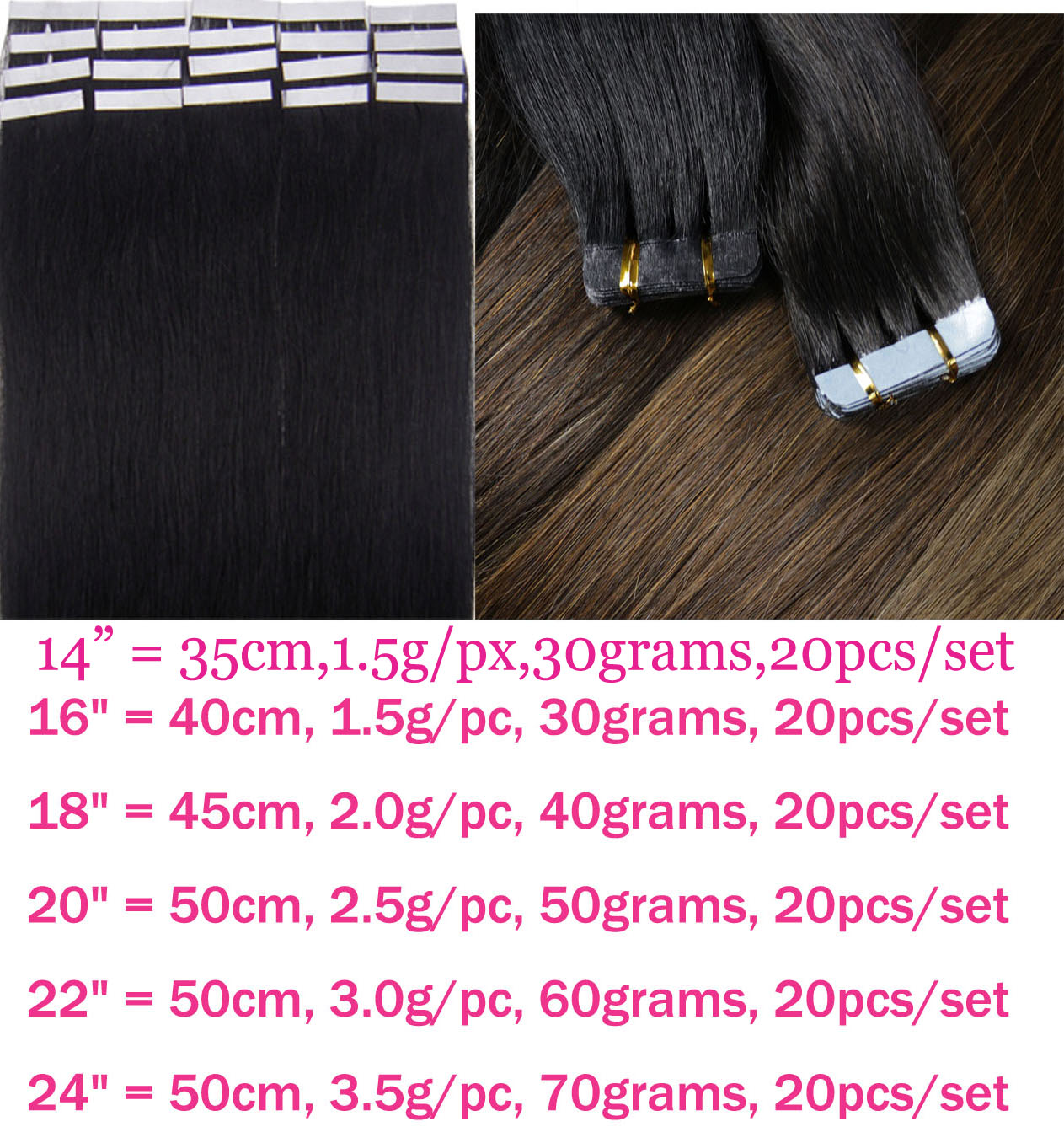 ZZHAIR 14-24 inches 100% Brazilian Tape Remy Human Hair Extensions 20pcs/pack Glue In Hair Skin Weft 30g-70g