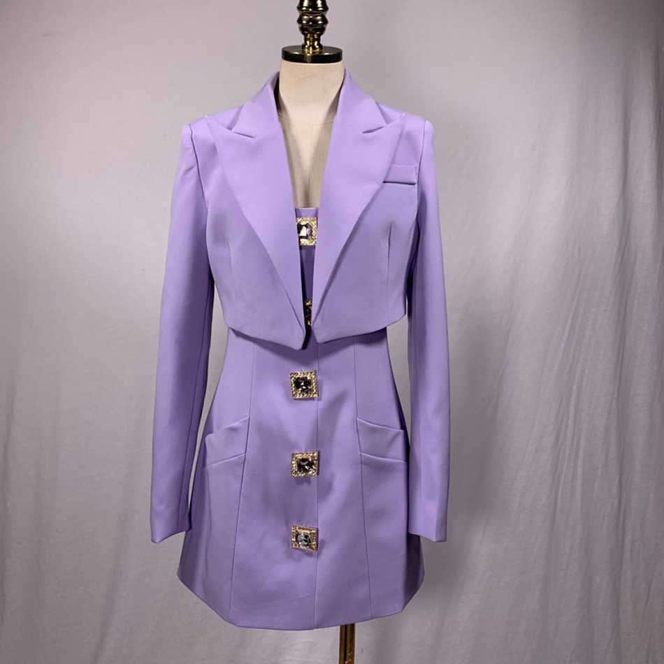 Elegant Two Piece Set For Women Lapel Long Sleeve Short Tops Square Collar Patchwork Diamond Vest Dress Casual Sets 210527