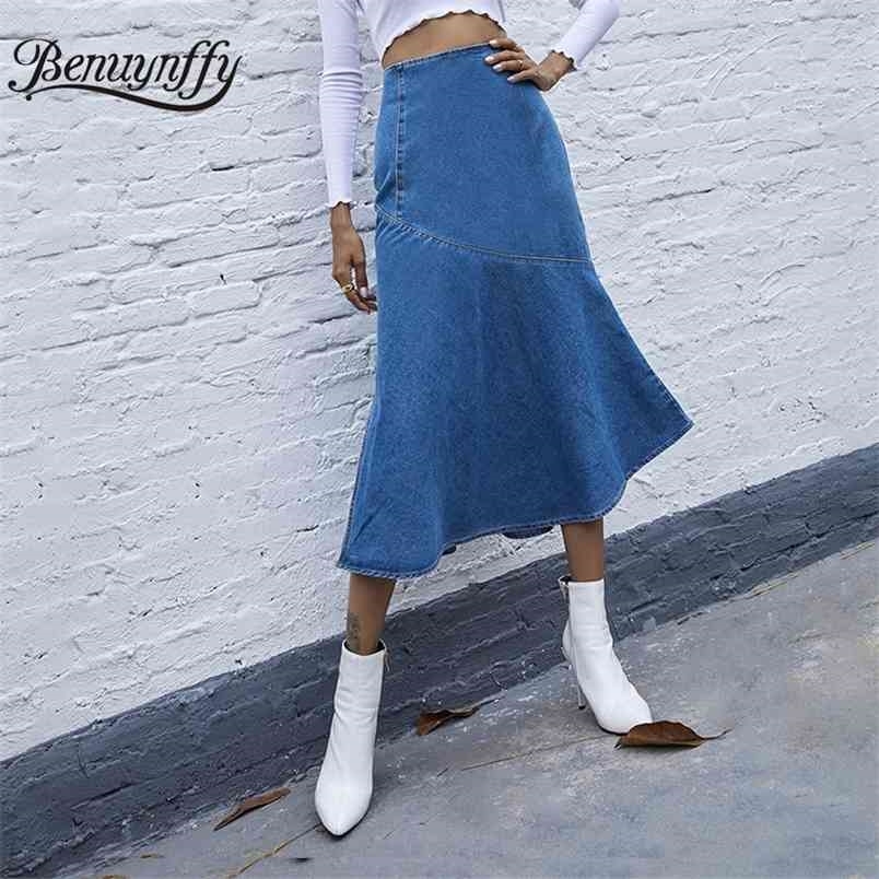 Zipper Fly Ruffle Hem Denim Skirt Women Autumn winter High Waist Bodycon Jean s Elegant Ladies Split Long 210510
