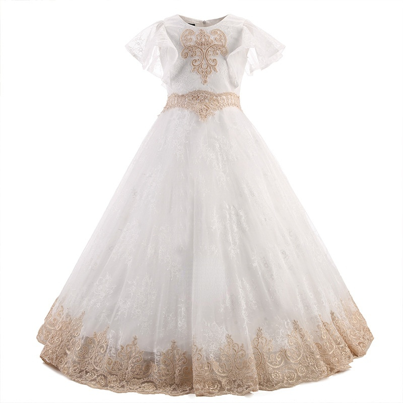 2021 Gold Flower Girl Dresses For Wedding Spaghetti Lace Floral Appliques Tiered Skirts Girls Pageant Dress A Line Kids Birthday Gowns 0510