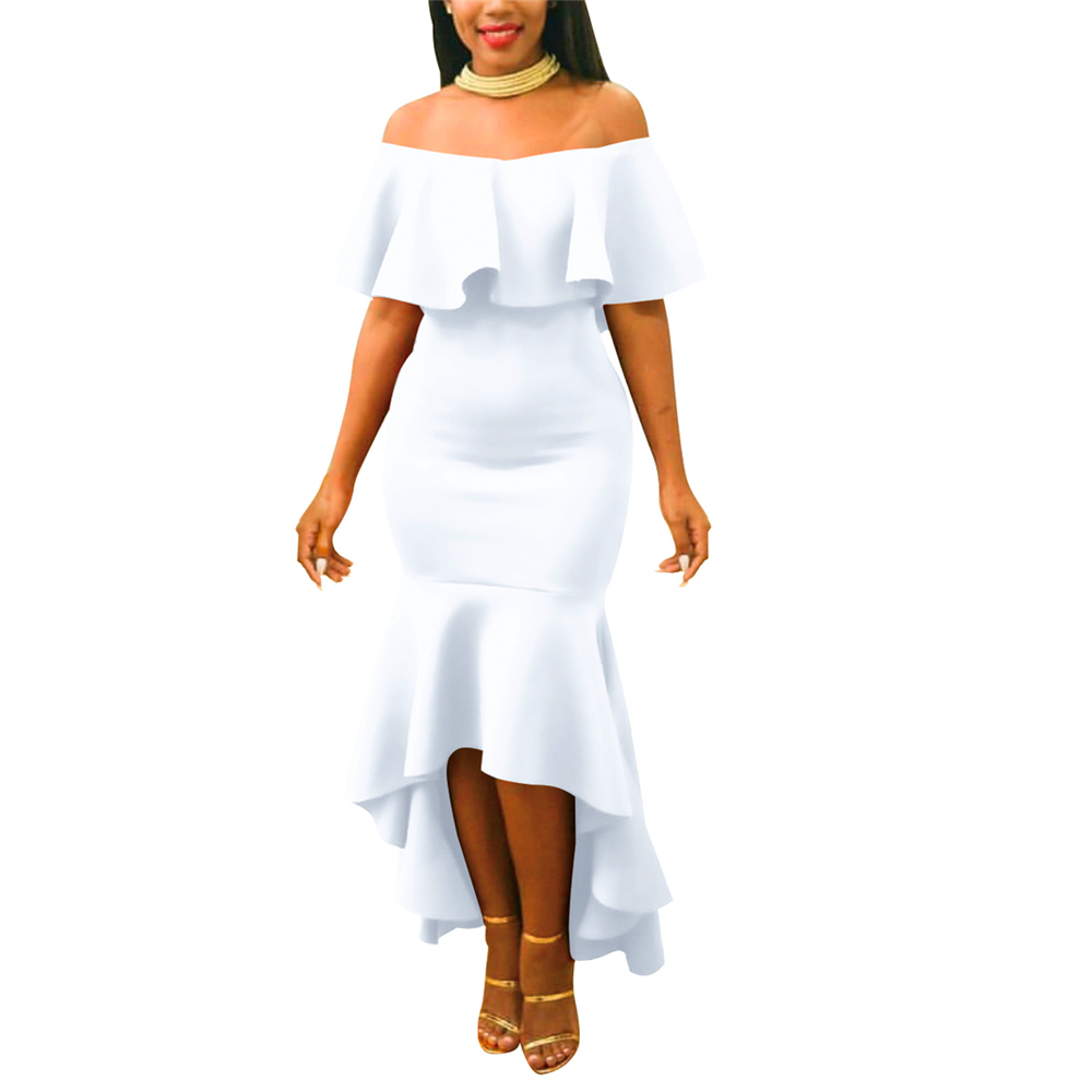 Women Party Mermaid Midi Dress Elegant Back Ruffles Sexy Off Shoulder Gown Party Dress 210331Z