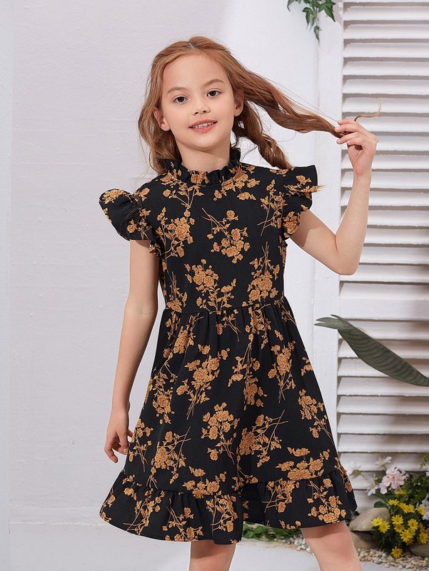 Girls Mock Neck Butterfly Sleeve Floral Dress SHE