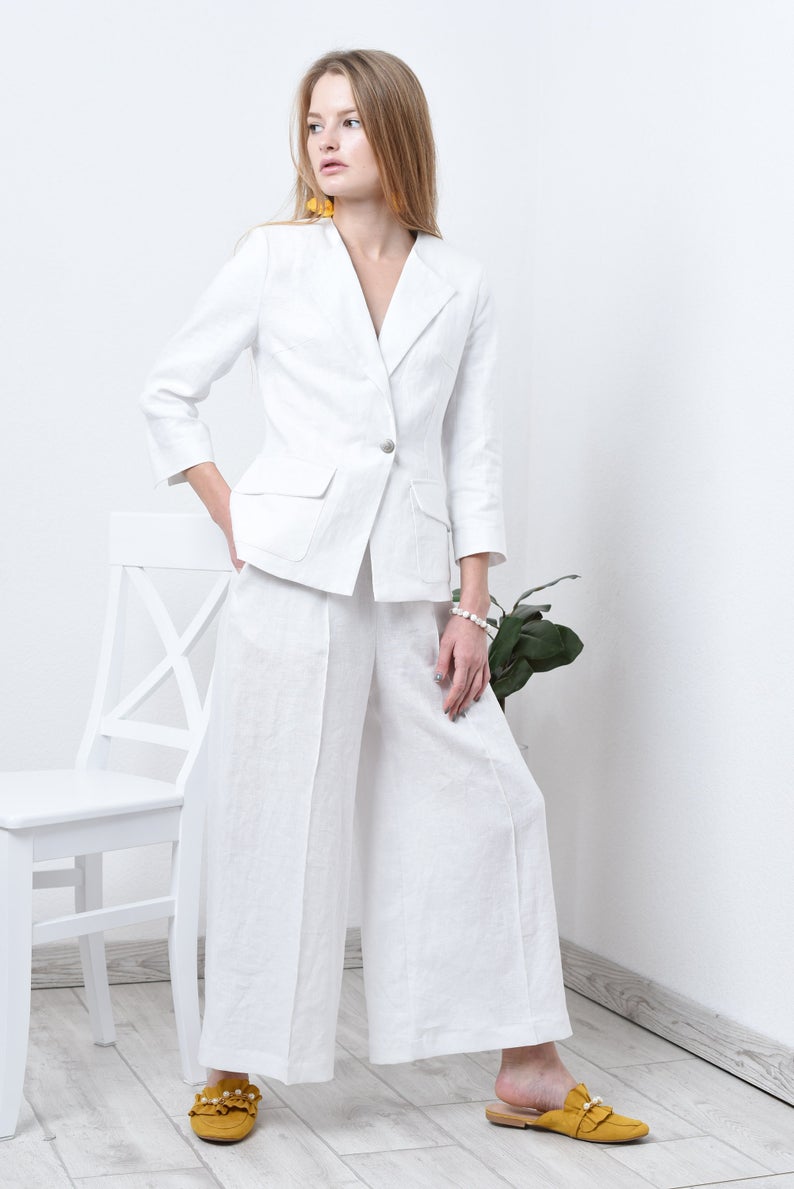 Summer White Linen Girls Wide Pants Suits Women 2 Pieces Long Sleeve Evening Party Prom Blazer Tuxedos (Jacket+Pants)