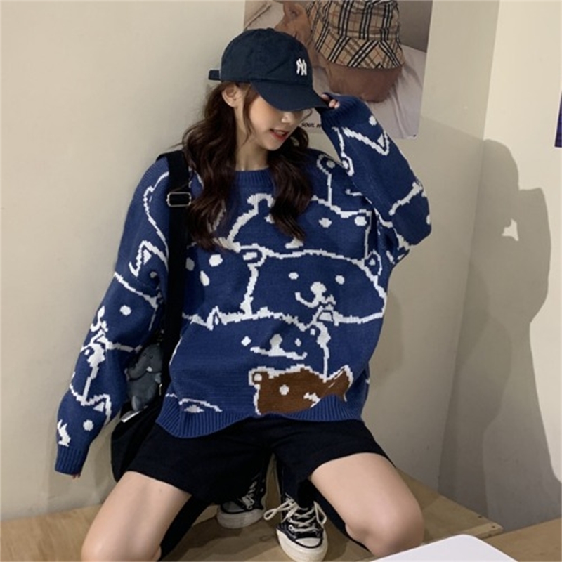 Spring Autumn Cartoon Bear Print Sweater Women Japanse Korean Pullover Kawaii Loose Casual Streetwear Tops 25943 210519