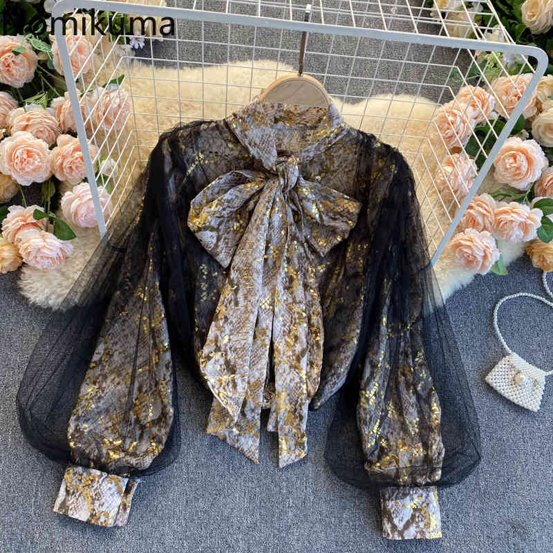 Nomikuma Snake Skin Printed Blouse Tops Korean Bow Tie Collar Lanter Sleeve Shirt New Spring Mesh Patchwork Blusas Mujer 6E073 210427