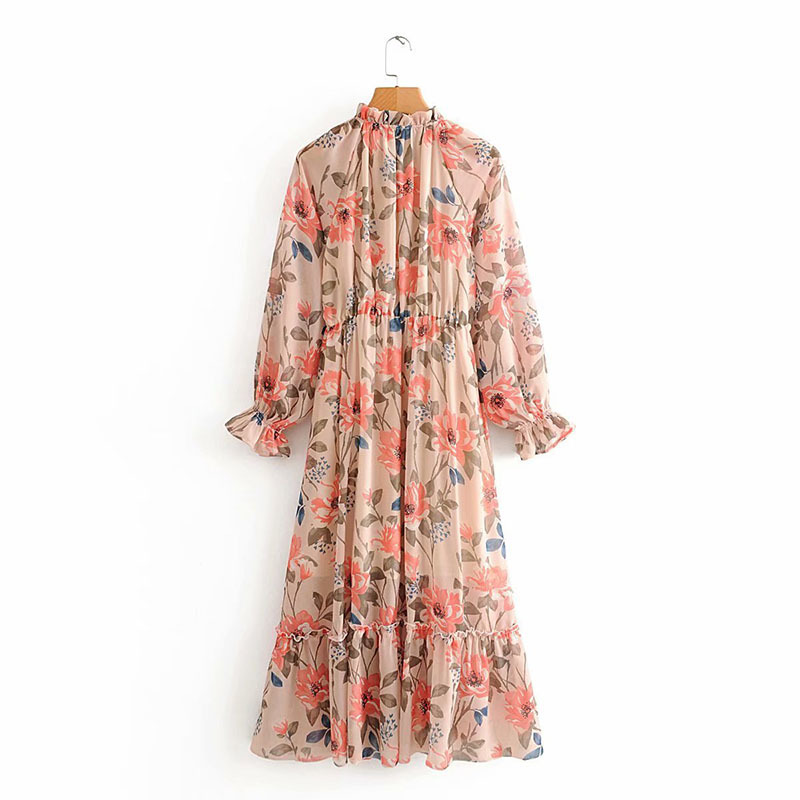 VKBN Summer Women Dress Up Flare Sleeve Floral Print Empire Stand Long Sleeve Dresses Women Long Fashion s 210507