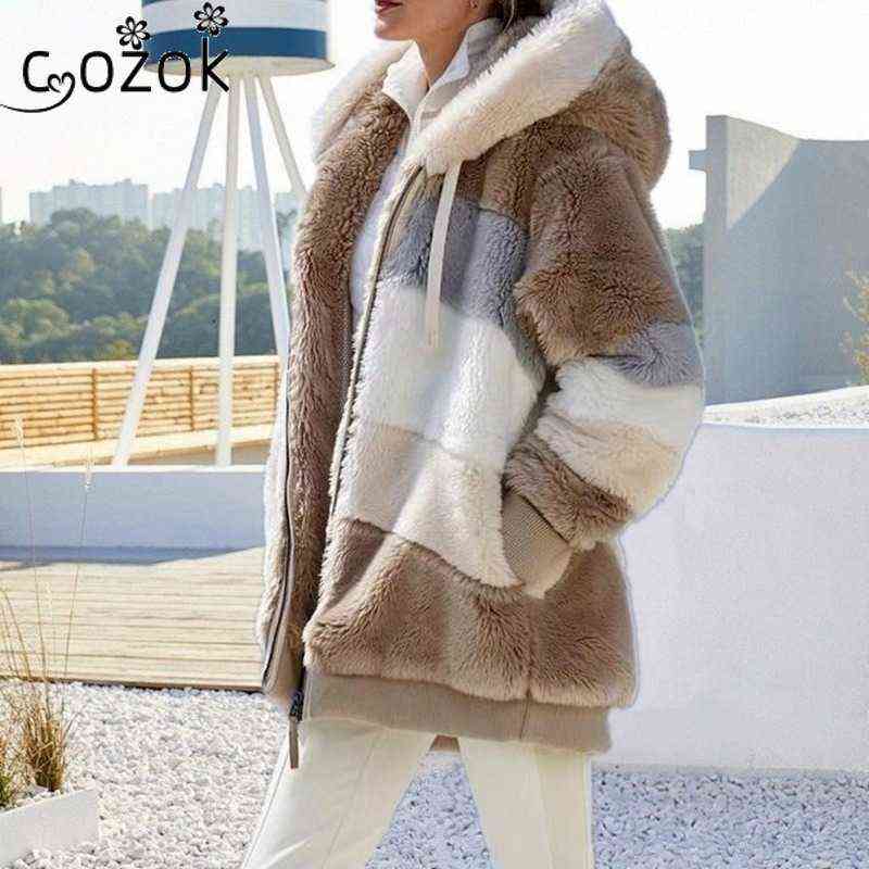 5XL Women Hooded Jacket Warm Plush Casual Loose Hooded Coat Mixed Color Patchwork Winter Outwear Zipper Ladies Coat 220112