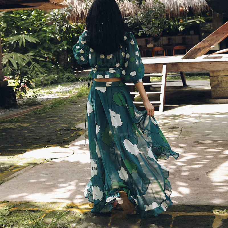 Chiffon Sexy 2 Pieces Printed Beach Dress Boho Long Summer Vintage Tunic Women Wear Swim Suit Cover Up Sheer A872 210420