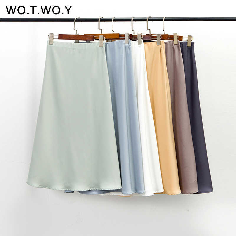 WOTWOY Spring High Waisted Satin Silk Skirt Women Solid Elegant Ladies Office Slim Black Party A-line Female 210619