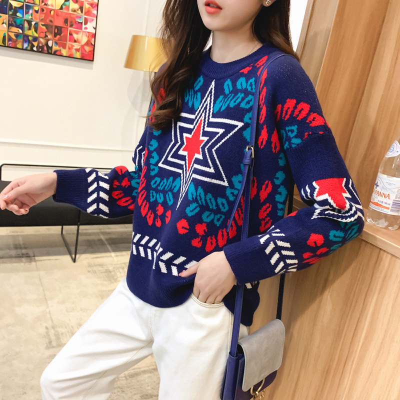 Girl Long Sleeve Round Neck Plus Size Sweater Women Pentagram Frill Stitching Knitted Coat Female Students 210427