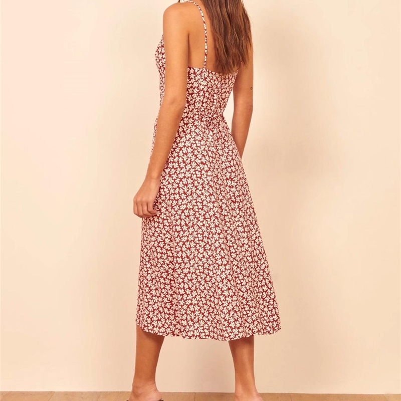 French Women Sling Dress Single-breasted Buttons Red White Floral Print Spaghetti Strap Hem Slit Mid-Calf Dresses Party 210429