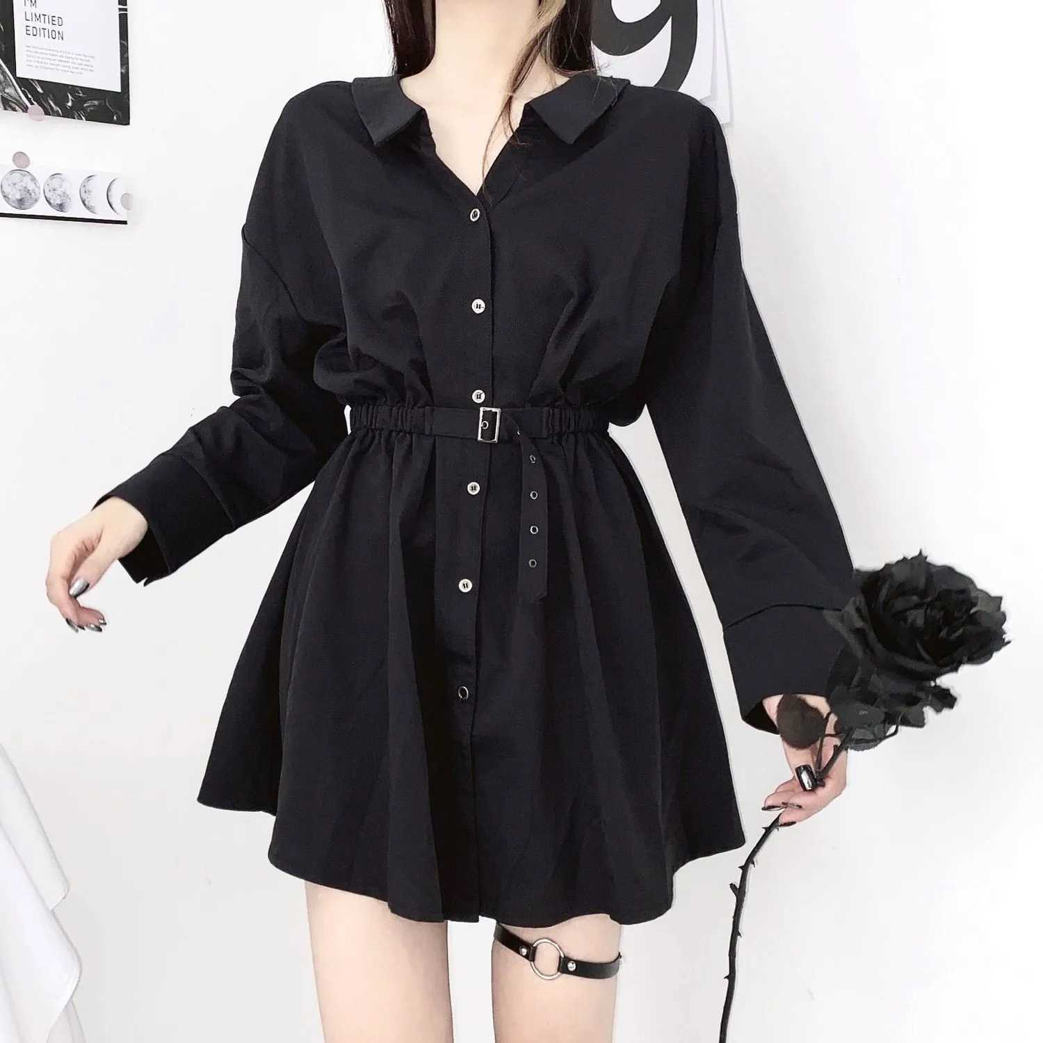 Women dress demon girl original black spring and autumn sexy high waist femme dress shoulder long sleeve gothic dress A085 210630