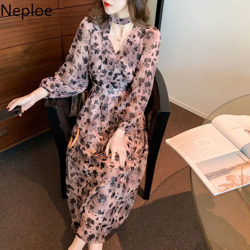 Neploe Elegant Print Dress Women Long Sleeve Slim Pleated Robe V Neck Lace-up Dresses Spring Fashion Temperament Vestidos 4i582 210422