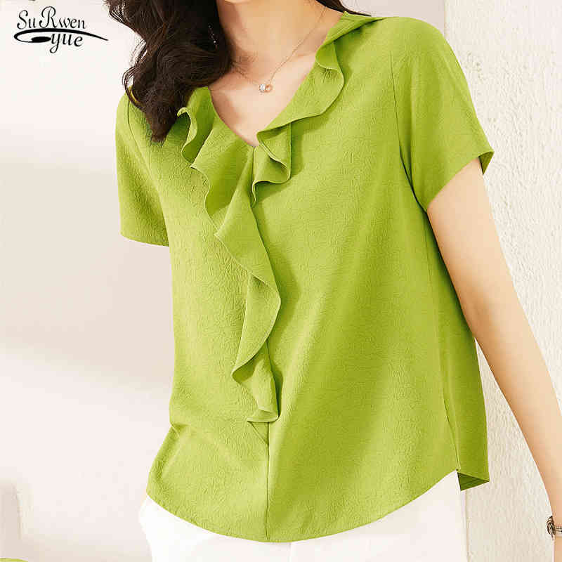 Short Sleeve All-match Slim-Fit Fashion Style Summer Tops and Blouse Solid Color Ruffled Chiffon Shirt Women Blusas Mujer 10055 210417