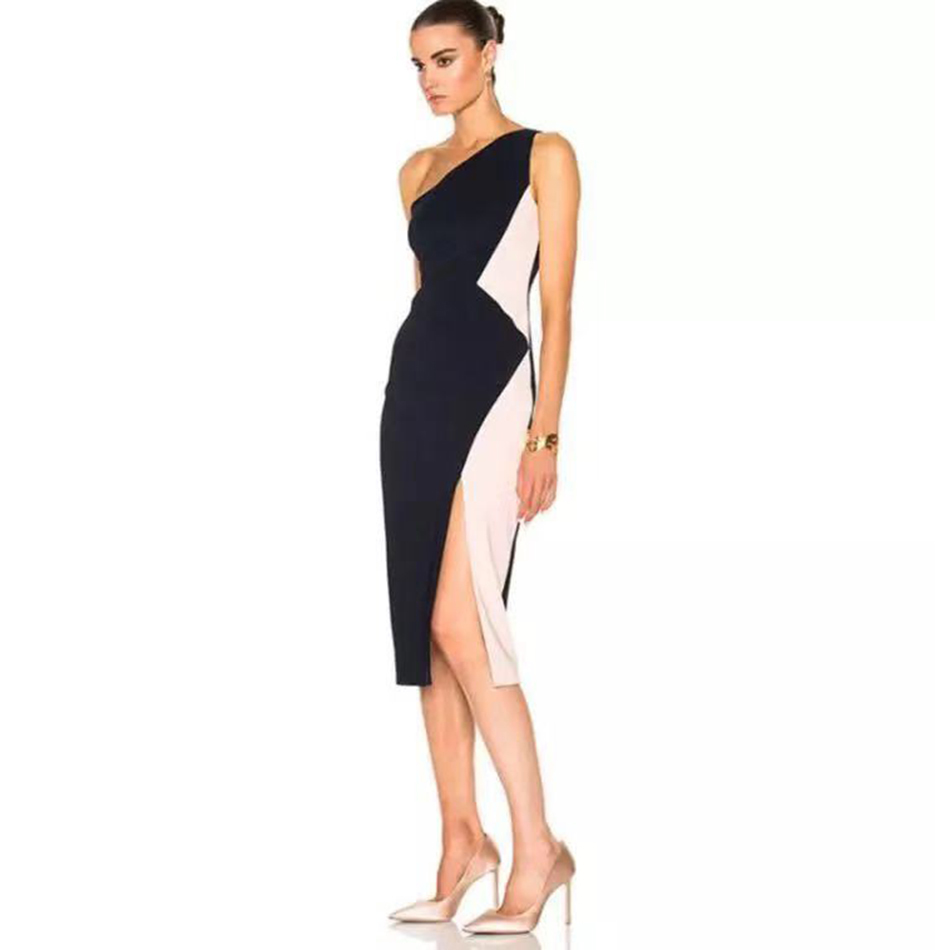 Women'S Stitching Bandage Dress Celebrity Party Sexy Bodycon One Shoulder Sleeveless Split Vestidos 210525