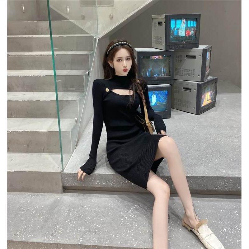 New design womens autumn long sleeve o-neck hollow out knitted sexy bodycon tunic sweater dress SMLXL