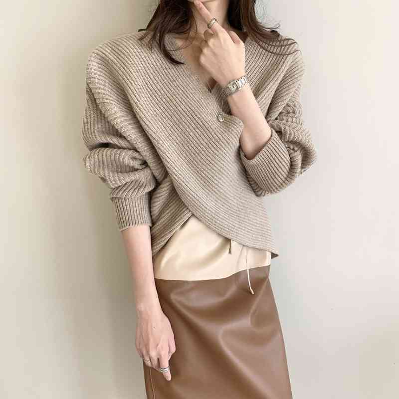 Korean Stylish Knitted Pullover Women Long Sleeve V-neck Criss-cross Fashion Sweater Autumn Winter Elegant Ladies Jumpers 210514