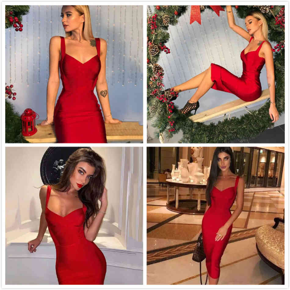 Free Women Solid Color Bandage Dress Sexy V Neck Strap Sleeveless Bodycon Midi Club Night Party Vestidos 210524