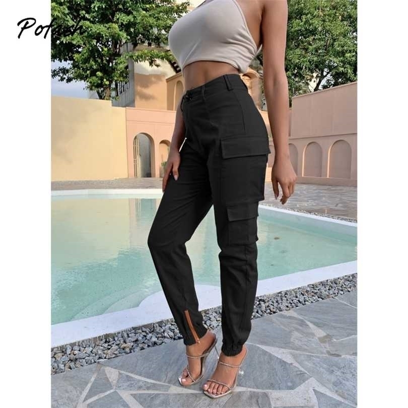 Pofash Solid Black Flap Pocket Cargo Pant Clothing Mid Waist Autumn Long Pencil Mujer Slim Zipper Casual Trousers 211124