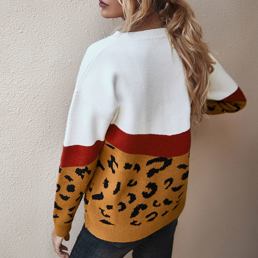 Fashion Leopard Patchwork Winter Ladies Knitted Sweater Women O-neck Full Sleeve Jumper Pullovers Top Khaki Brown Clothes 210428
