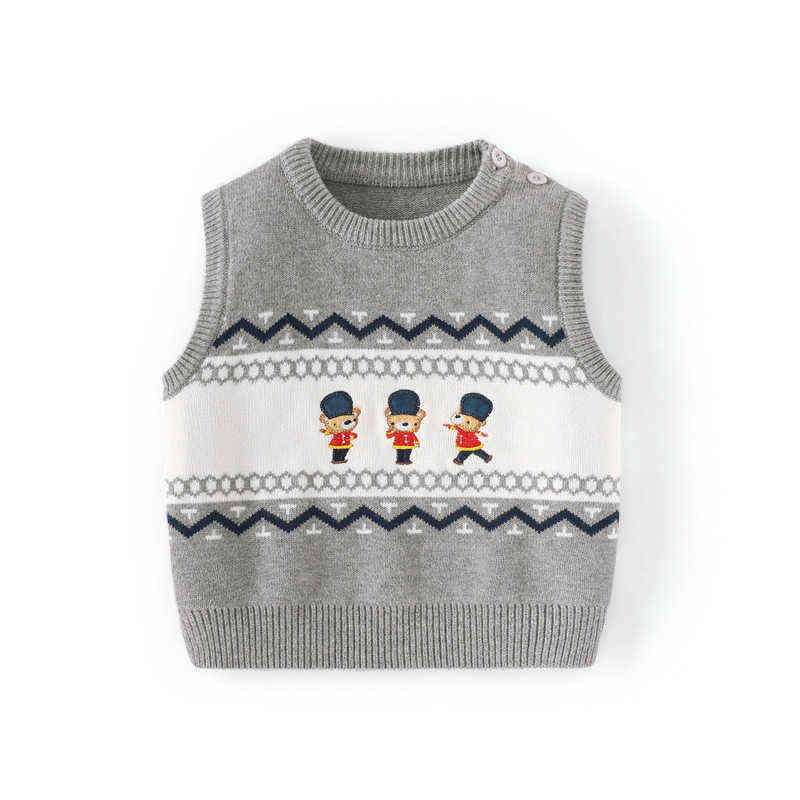 Toddler Boy Soldier Knitted Vest Tops Baby Cartoon Knitwear Children Embroidery Bear Sleeveless Knit Sweater Fall Winter Clothes 211104