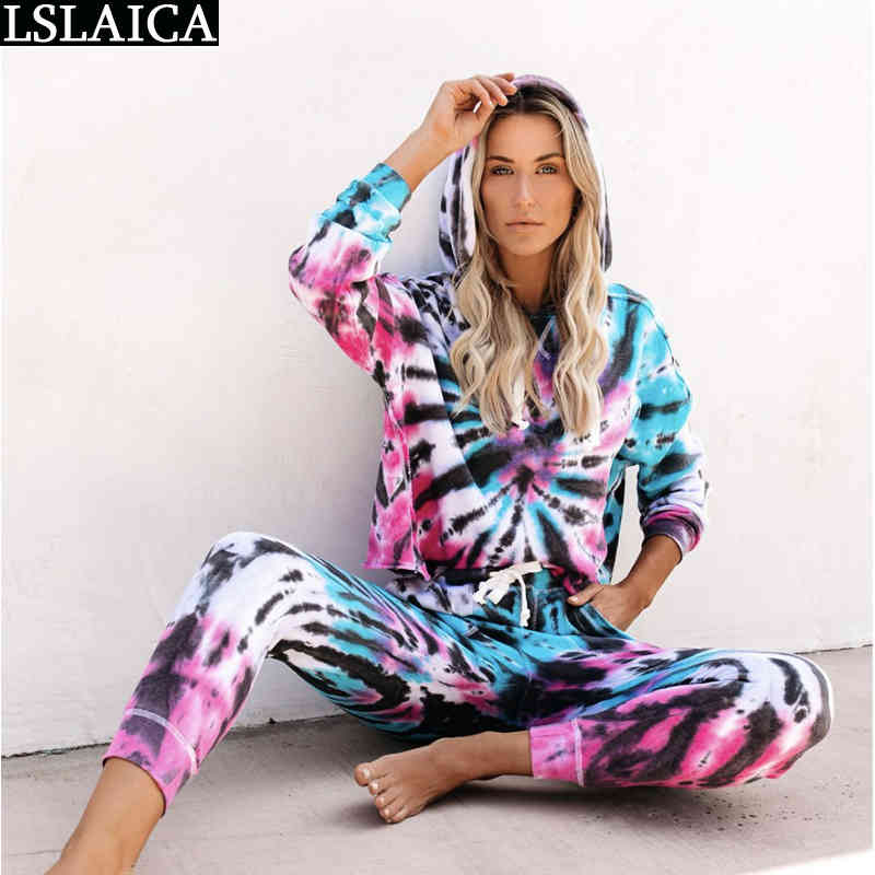 Sets For Women Hooded Long Sleeve Top&Long Pant Tie-Dye Casual Female Two Piece Outfits Office Sport Clothing 210520