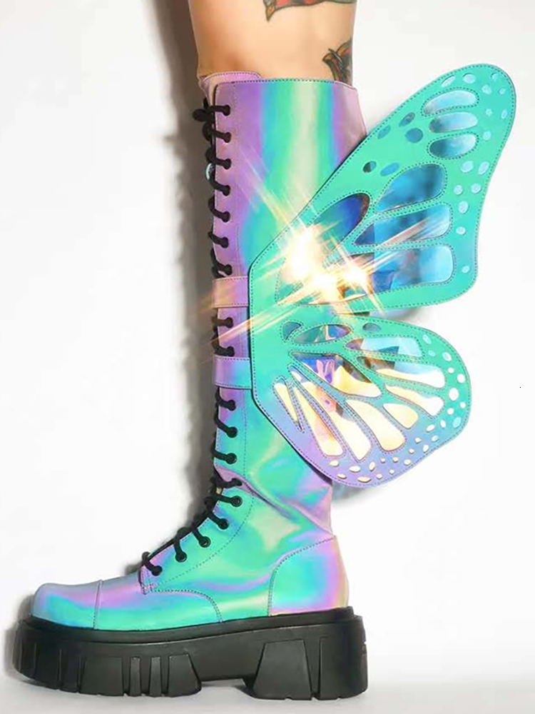 boot Women's colored butterfly wings cross-knee tied transparent shoes bling boots mujer party club shoe