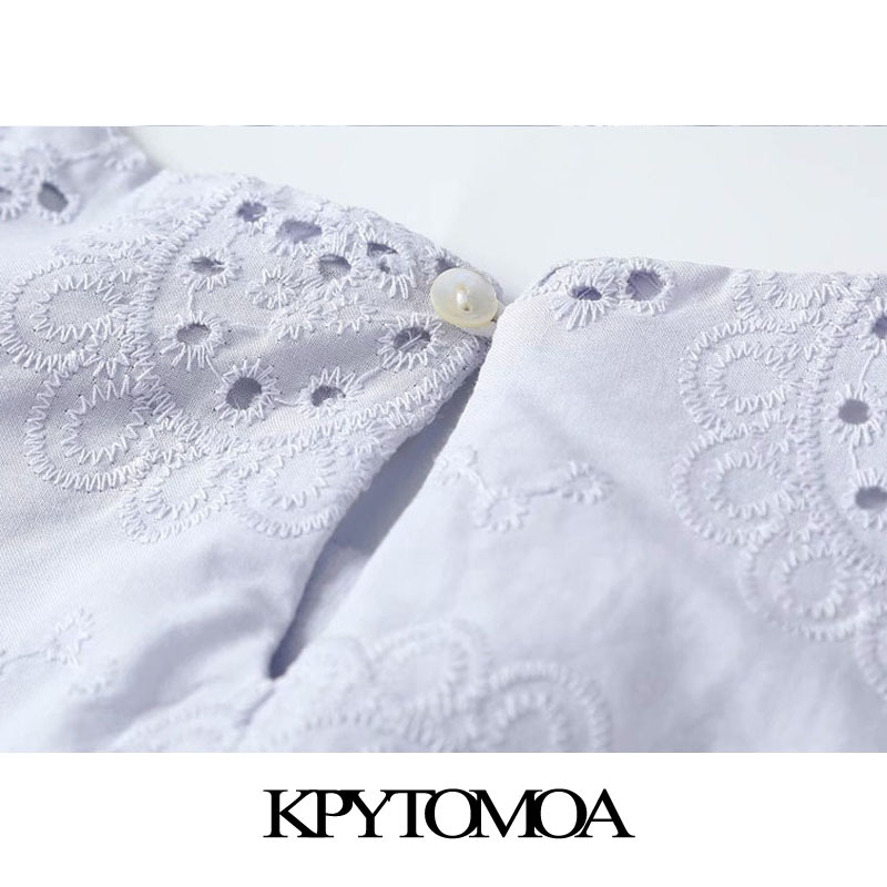 Women Chic Fashion Hollow Out Embroidery Ruffled Midi Dress Lantern Sleeve Side Zipper Female Dresses 210420