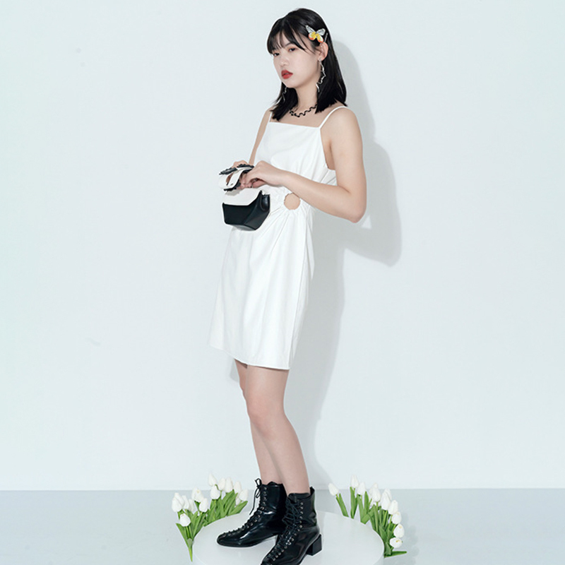 Simple PU Leather Dress Women's Summer Spaghetti Strap Hollow Waist white Mini Dresses Female Fashion 5C958 210427