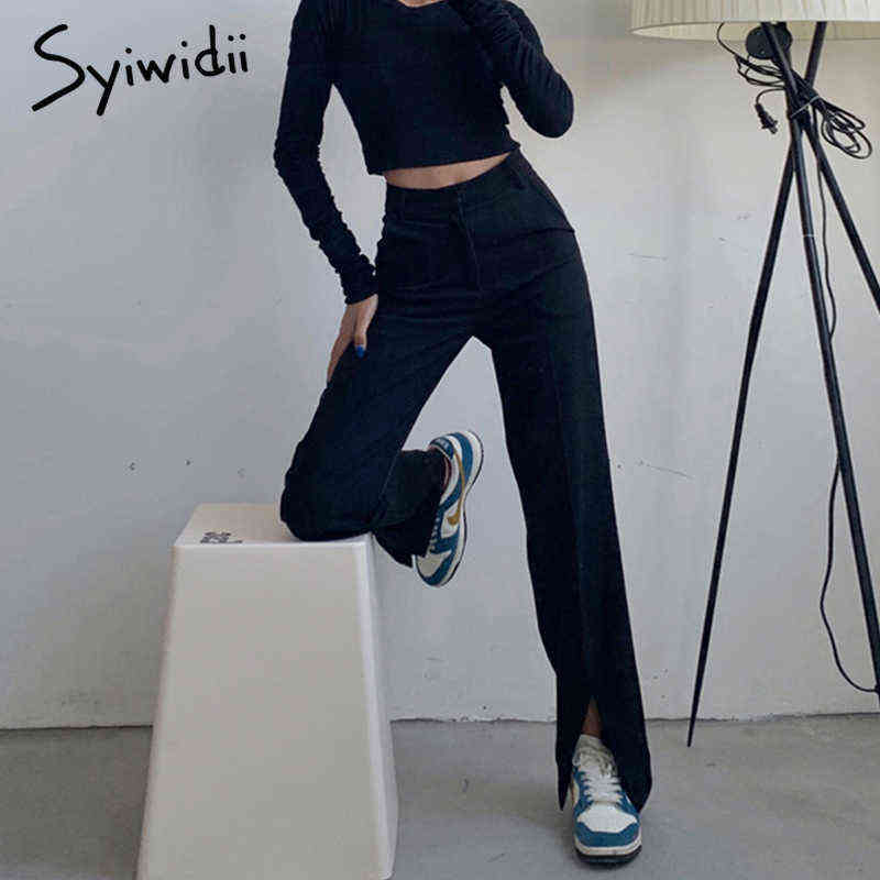 Syiwidii Flare Pants Women Trousers Front Split Leg Straight Ladies Work Korean Clothes Streetwear Black Bell Bottom 211115