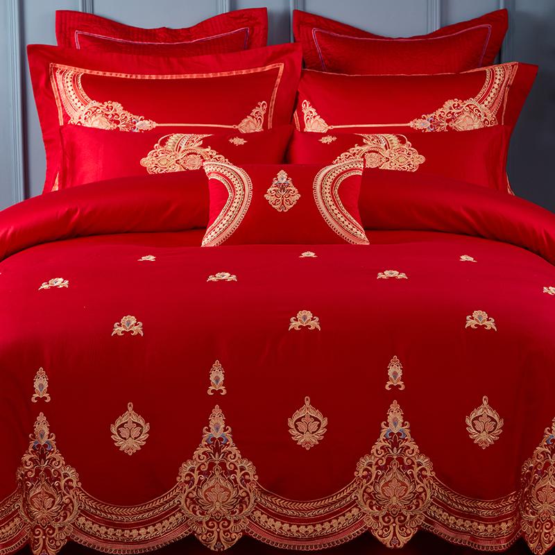 Cotton Luxury Red Wedding Gifts King Size Bedding Set Queen Bed Sheet Embroidery Duvet Cover Sets