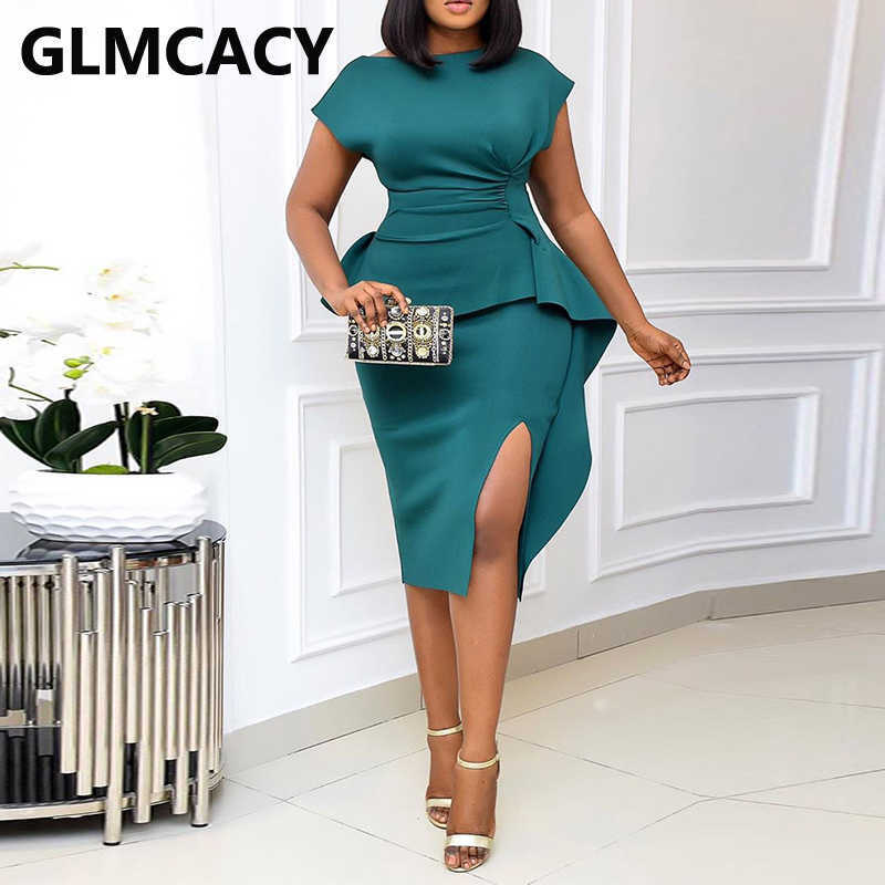 Women Short Sleeve Foam Dress Elegant Bodycon Slit Midi Dress 210702