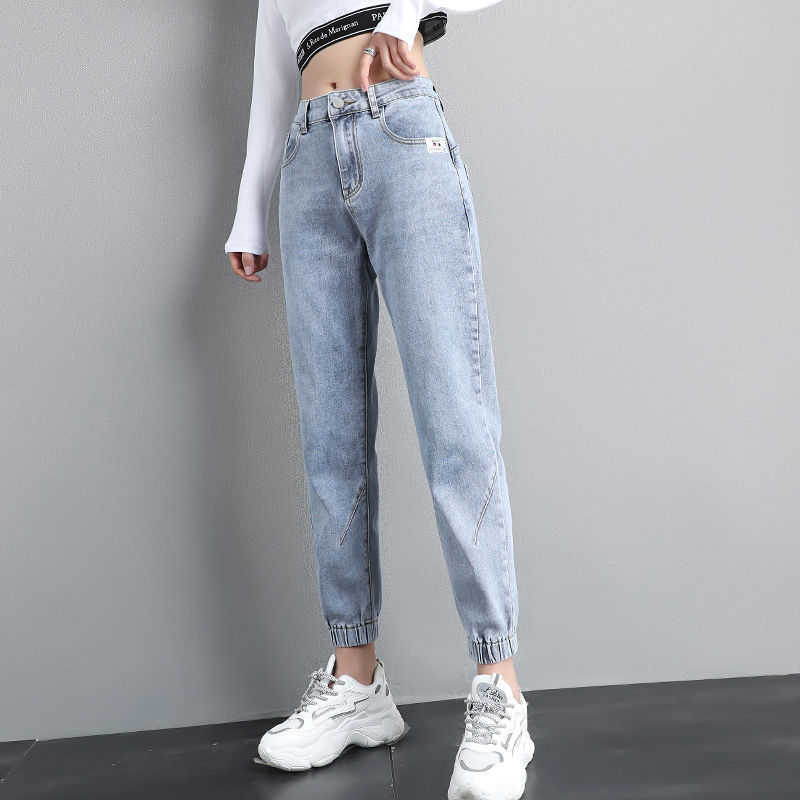 High waisted jeans women spring loose tight fitting waist leggings feet thin nine points harem pants ins net red trend 210922