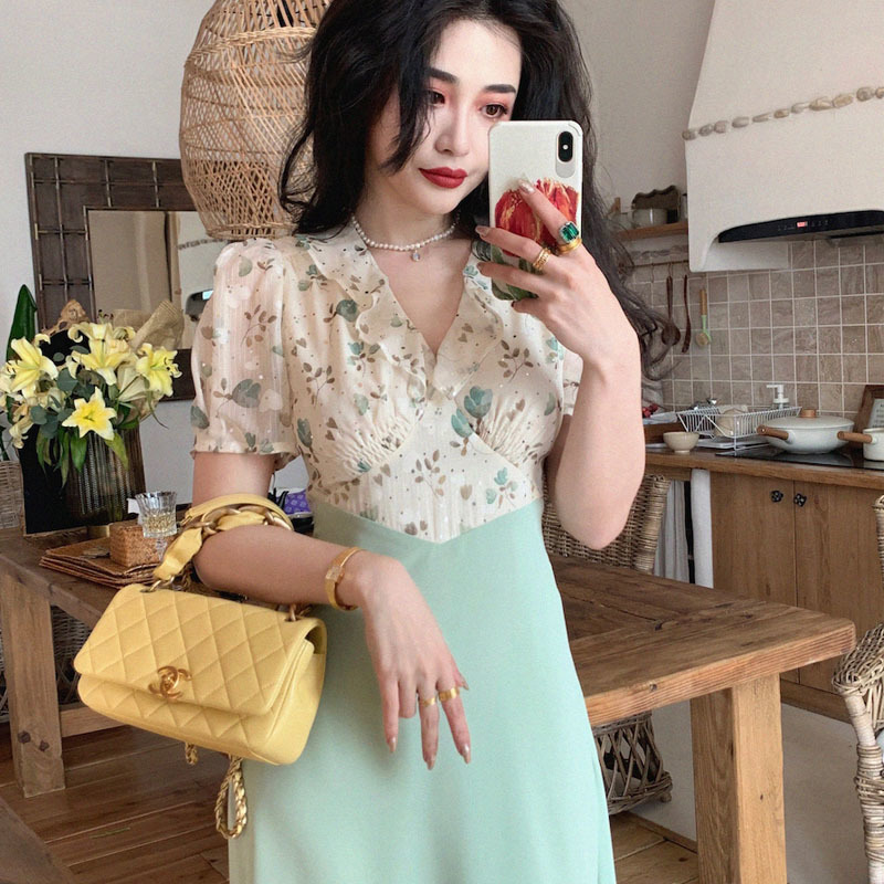 Dress Korean Short Sleeve Thin Elegant Dresss Women Casual Floral Printed Midi Dress Female Office Lady Summer 210521