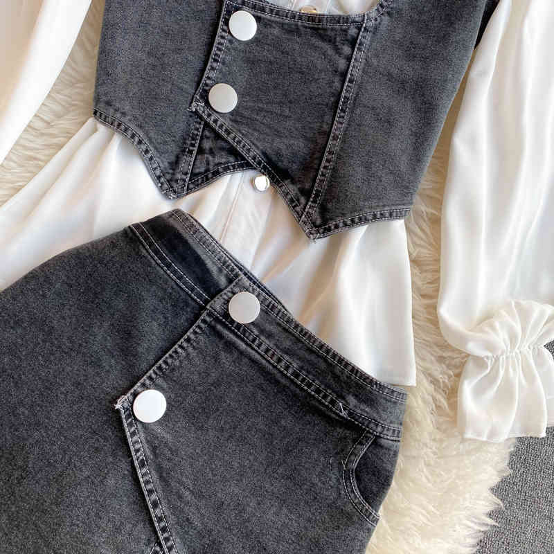 Nomikuma Women 3pieces Set Puff Sleeve Turn-down Colalr Blouse + Demin Vest + Irregular Jeans Shorts Korean Suits New 6F129 210427