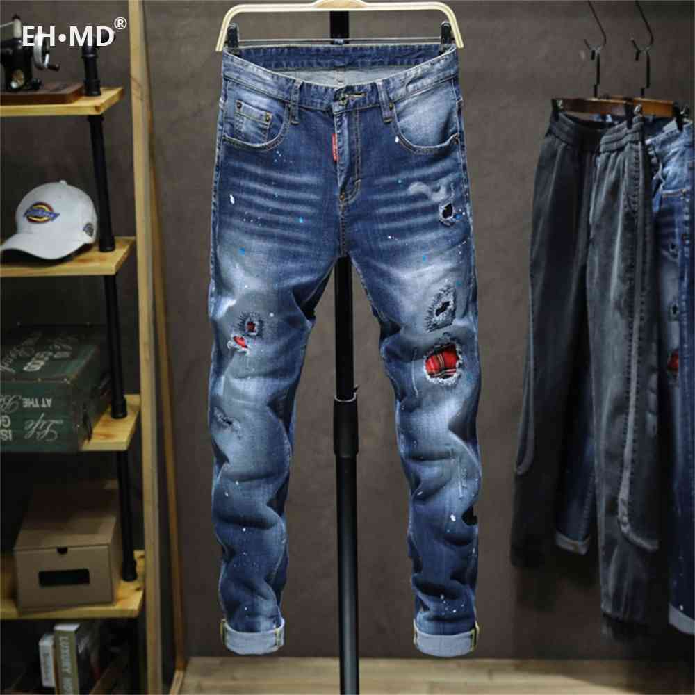 fashion jeans ehmd ripped plaid lined men's inkjet white paint dots soft fabric casual loose cotton elastic pants badge red ear 2021, Blue
fashion jeans ehmd ripped plaid lined men's inkjet white paint dots soft fabric casual loose cotton elastic pants badge red ear 2021, Blue
