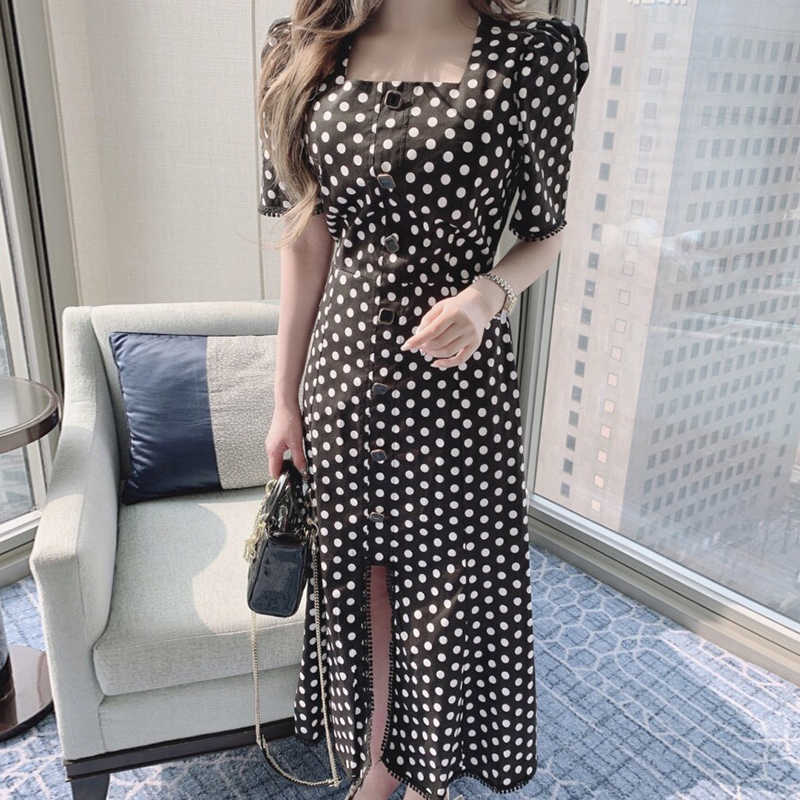 Korejpaa Women Dress Summer Korean Chic Ladies Elegant Temperament Square Collar Fringed Polka Dot Split Fishtail Vestidos 210526