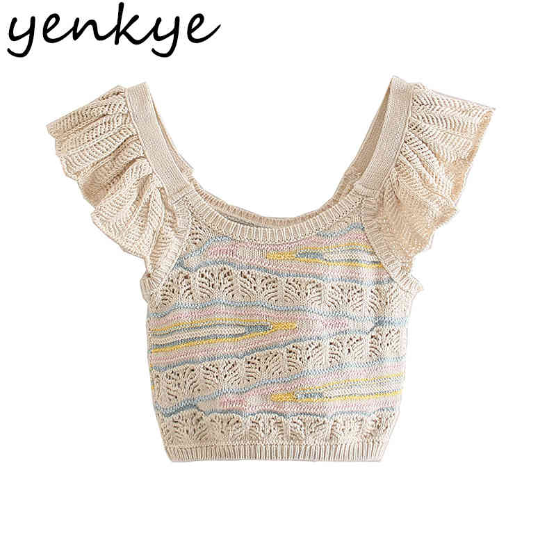 Fashion Women Pointelle Knit Top Sexy Hollow Out O Neck Ruffled Sleeve Summer Tops Chic Blouse 210430