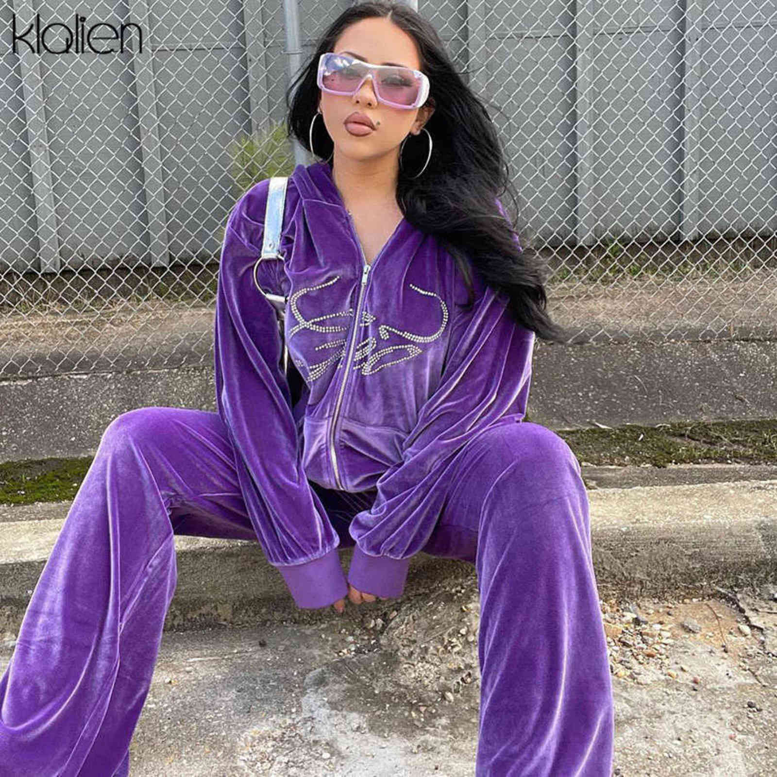 KLALIEN Autumn Fashion Letter Diamond Hooded Zipper Coat and Wide Leg Pants Two Piece Set For Women Casual Loose Streetwear Suit 211116