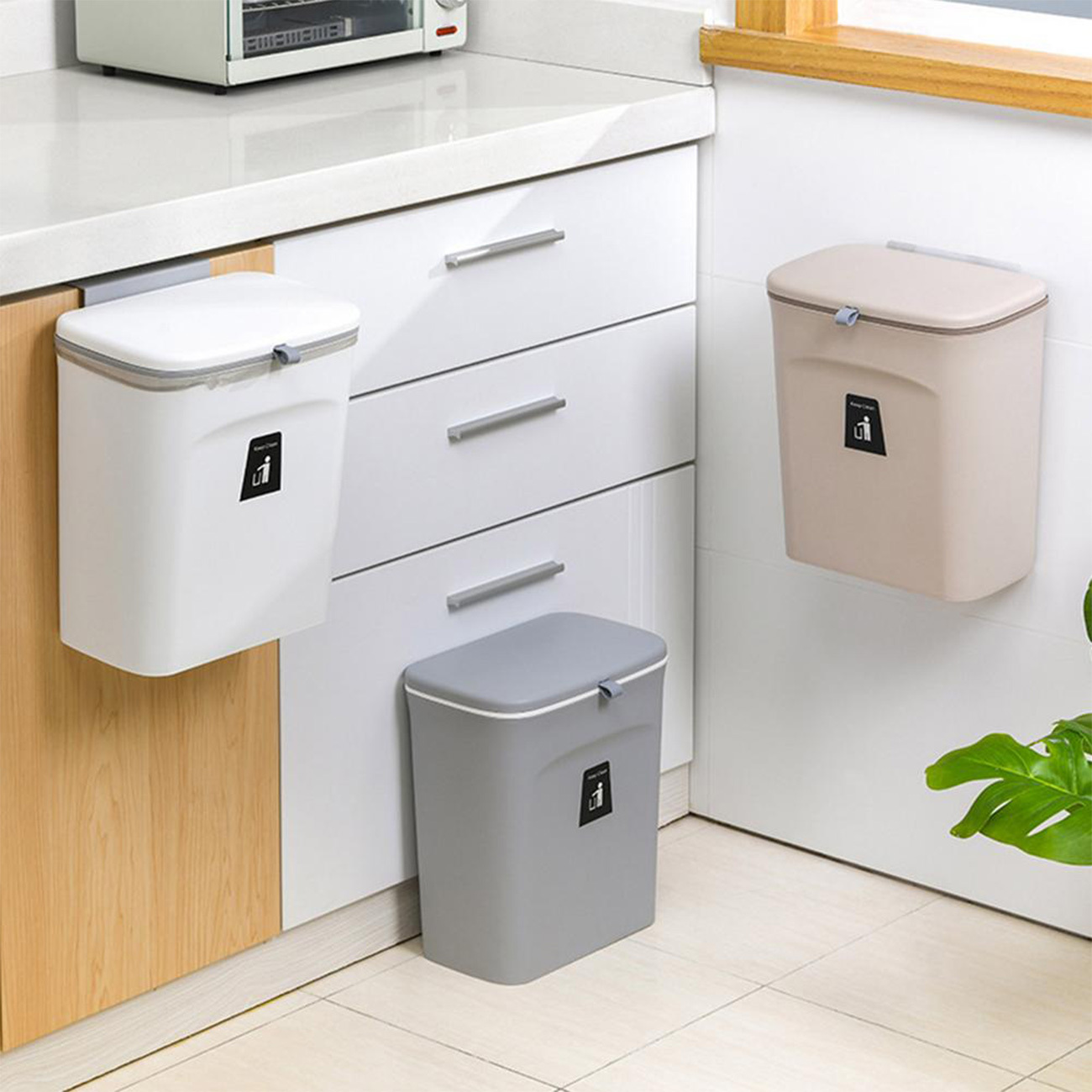 9L Hanging Kitchen Compost Bin Counter Small Trash Can with Lid for Cupboard Bathroom Bedroom Office Camping and indoor