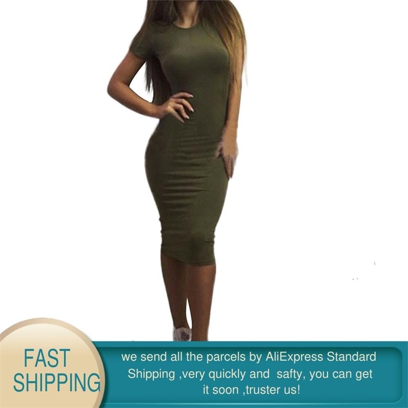Womens Dress Vestido Summer Short Or Long Sleeve Slim Bodycon Tunic Round Neck Casual Pencil 210428