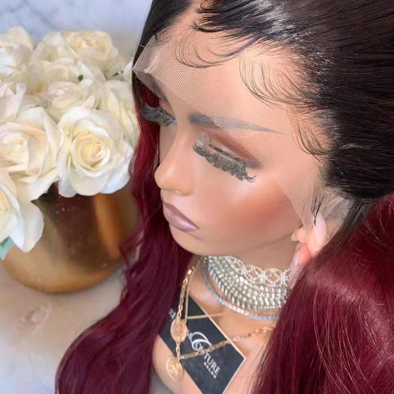 360 Lace Frontal Long Body Wave Wigs Black Ombre Burgundy Red Brazilian Hair Synthetic Front Wig For Women