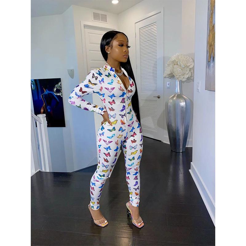 Butterfly Print Sexy Long Sleeve Bodycon Jumpsuit Rompers Women 2021 Front Zipper Clubwear Outfits One Piece Active Wear Women's Tracksuits