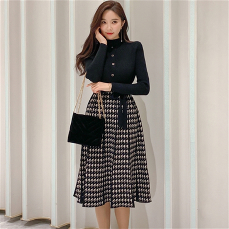 Color-blocked Houndstooth Knitted Women Dress Winter Long Sleeve Single-breasted Belted Pleated Elegant Dresses Vestidos 210518, Black
Color-blocked Houndstooth Knitted Women Dress Winter Long Sleeve Single-breasted Belted Pleated Elegant Dresses Vestidos 210518, Black